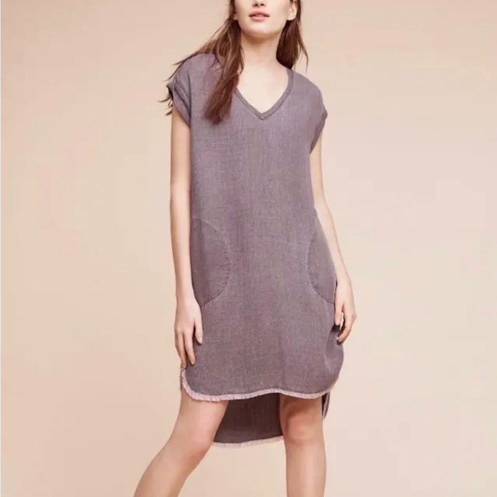 ⭐️Anthropologie Cloth & Stone⭐️Gray BOHO V Neck Tunic Freyed Hem High Low Dress